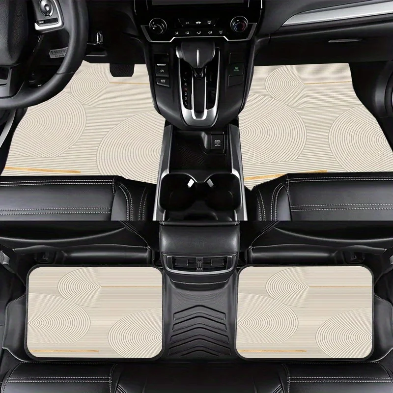 4pcs Geometric Pattern Car Floor Mats - Durable Polyester, Fit For All Vehicles, Stylish Black & Beige Design With Circular Line