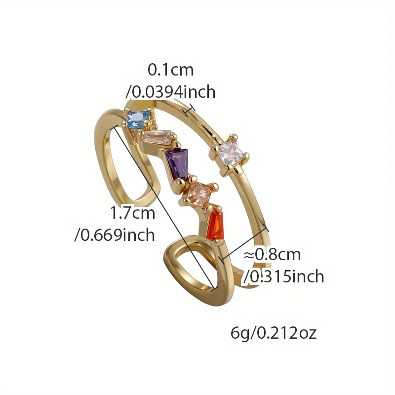 Translucent Colored Square Zirconia Double-Layer Ring Adjustable Niche Design Band Fresh and Delicate Accessory