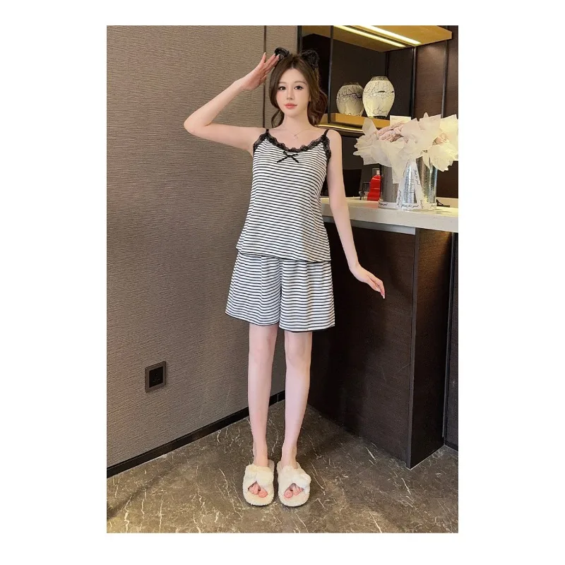 Lady Sweet Comfort Plus Fat Plus Size Set with Breast Cushion Home Wear Sleepshirts Korean Version Striped Halter Shorts Pajama