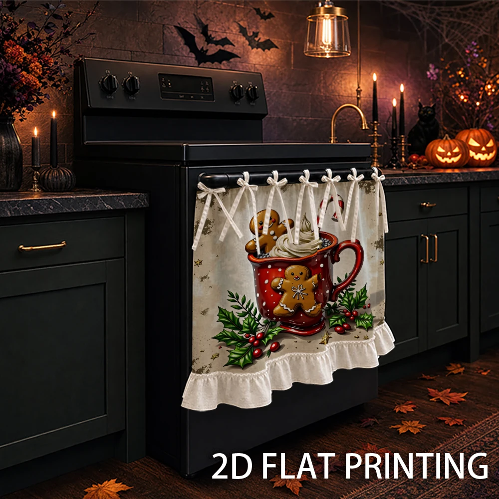 1PC Christmas Kitchen Curtain-Cabinet Curtain-Apron. Printed with gingerbread man, whipped cream and candy cane. Can be used as