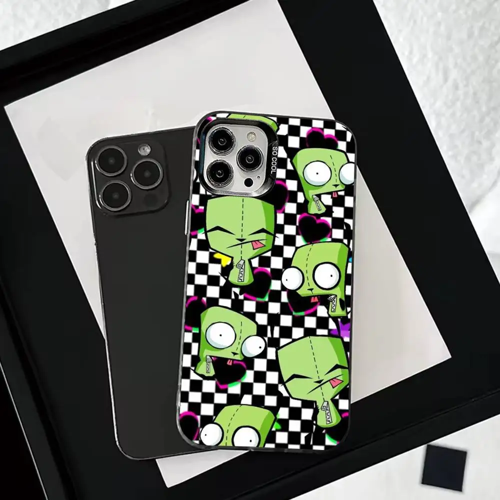 حافظة هاتف C-Cartoon Invader Z-Zim لهاتف iPhone 16,15,14,13,12,11,Mini,Pro,SE,MAX غطاء أبيض غير لامع مقاوم للصدمات