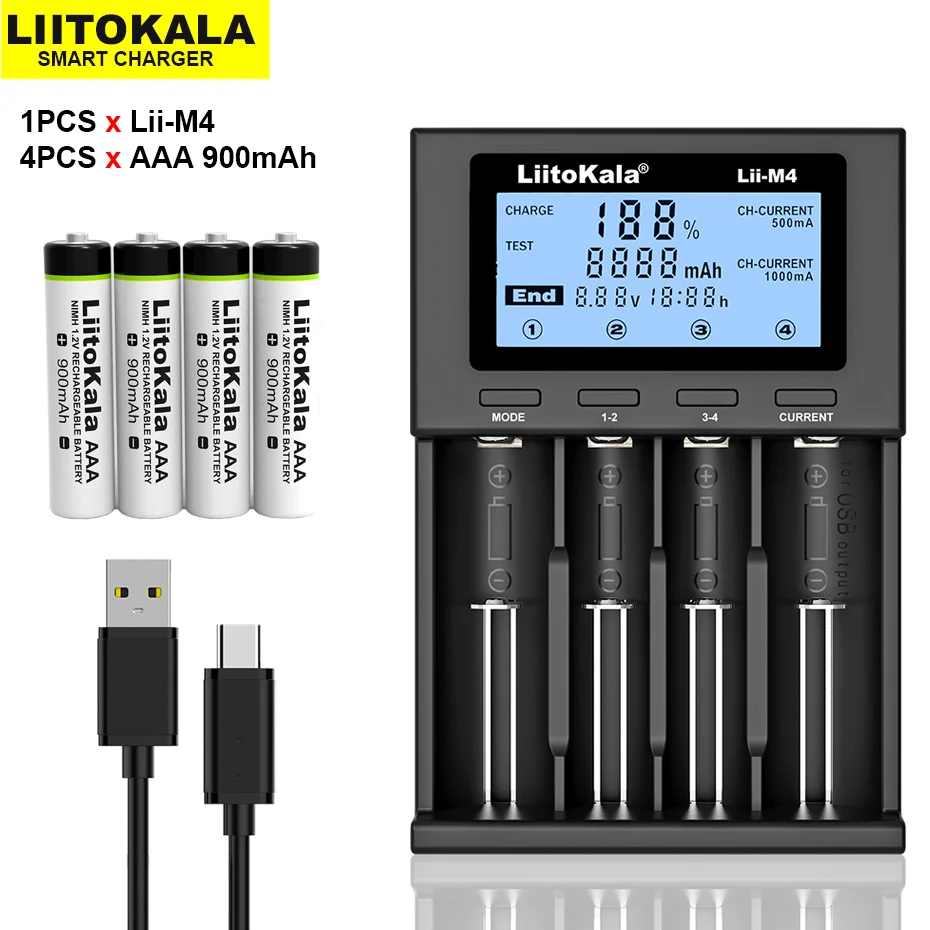 

Liitokala aaa nimh 900mah * 4 1.2v rechargeable batteries for toys, mice, electronic scales etc + Li-M4 charger