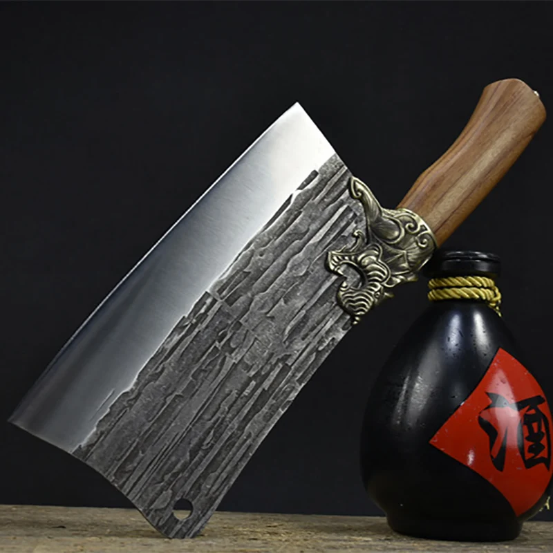 

Chefs Cleaver Knife Slicing Handmade Forged Longquan Kitchen Knife Vegetables Meat And Poultry Tools Copper Decor Wood Handle