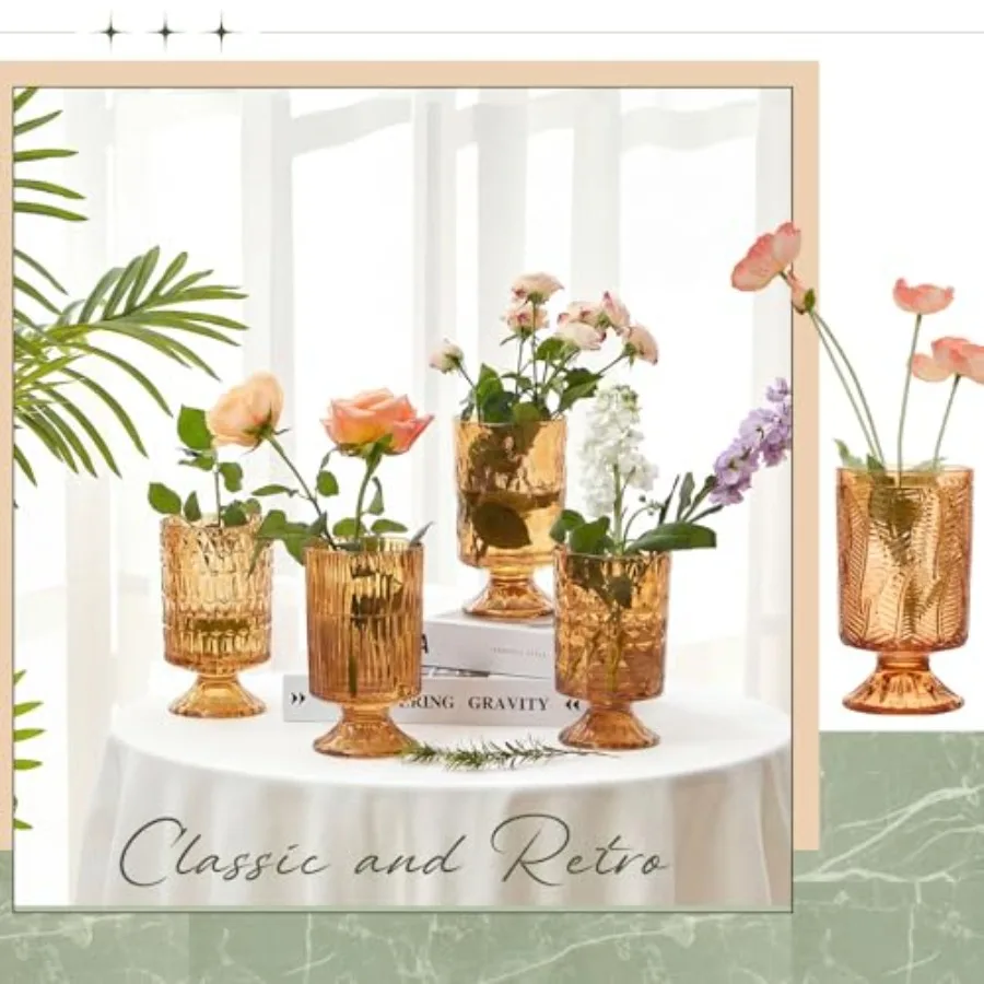 Wedding party home decor: amber embossed flower vase pedestal thickened crystal glass vintage style 7H x 4W big base table cent