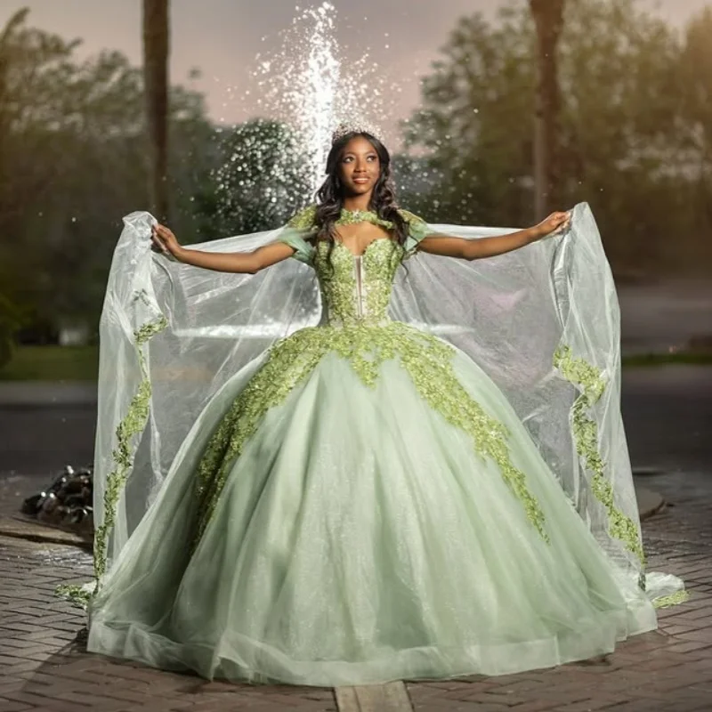 

Light Green Quinceanera Dresses off-shoulder Decal Crystal Glitter 3D Flower Long tail Vestido De 15 Quinceanera Customize
