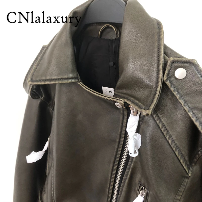 CNlalaxury Women Green Faux Leather Belt Jacket Vintage Leather Buckle Zipper Pockets 2024 Spring Female Short Outerwear