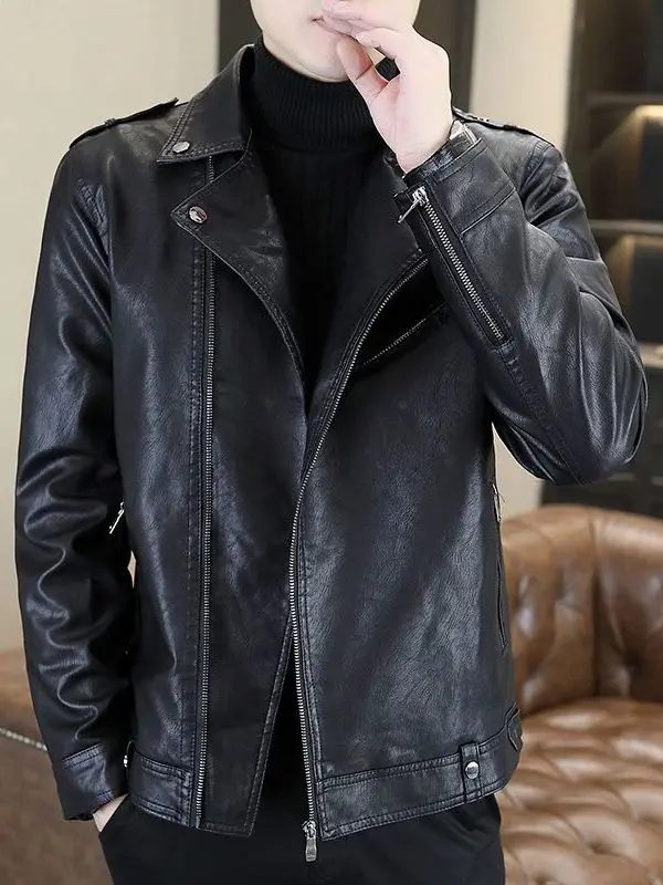 

Spring Autumn Slim Fit Leather Jaet Men's Casual Turn-down Collar Top 2026 New Sle Spring Leisure Jaet