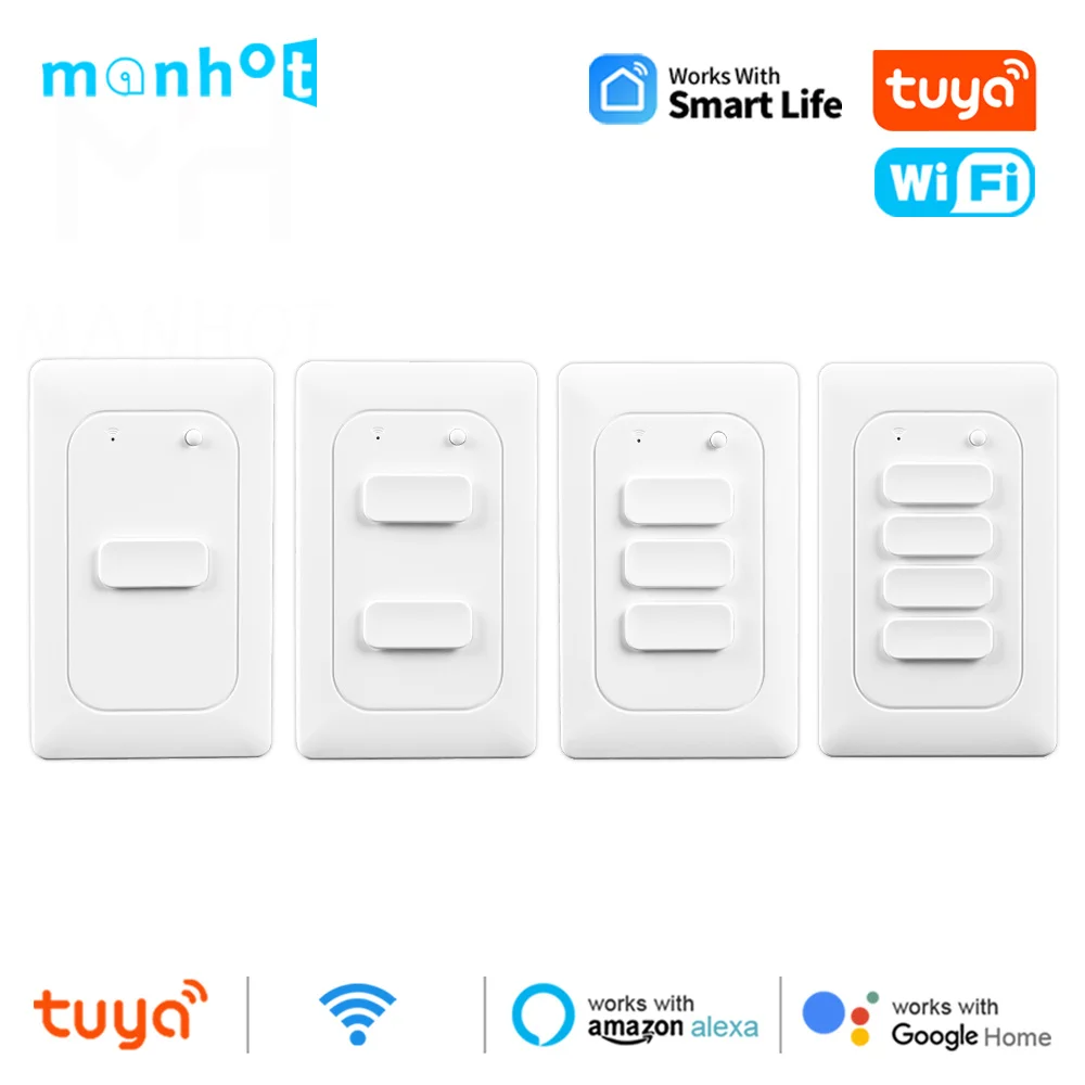 Manhot Zigbee Smart Light Wall Switch Push Button Interruptor Tuya No Neutral &With Neutral US Switch 1/2/3/4 Gang Alexa Google