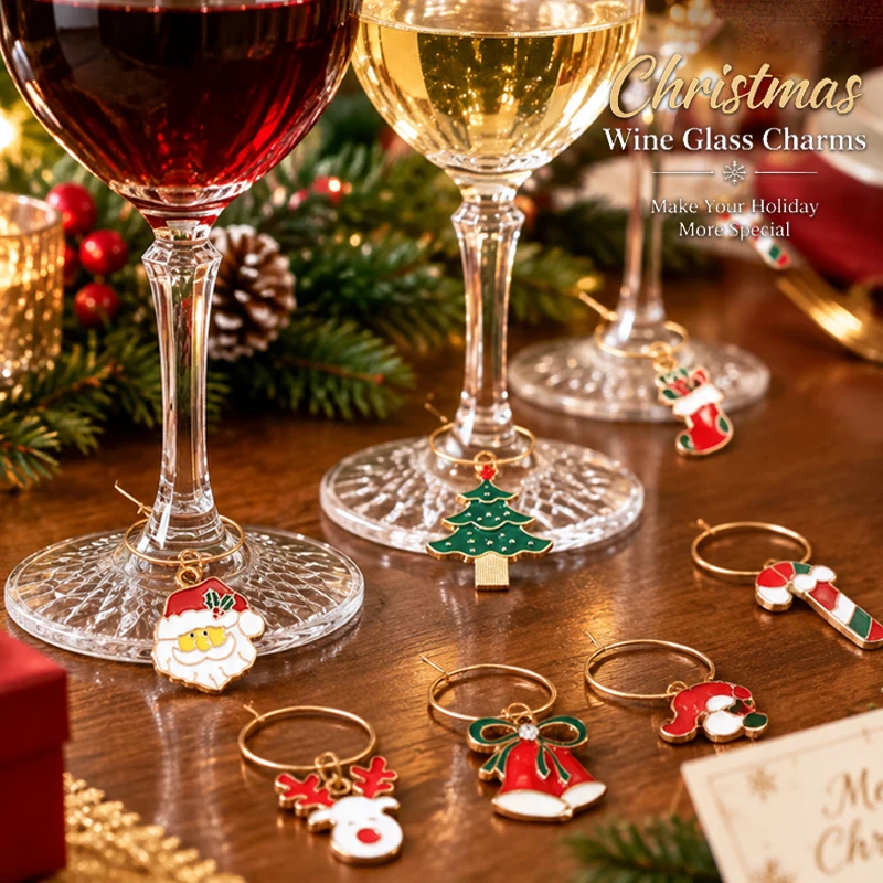 Christmas Metal Wine Glass Charms Enamel Drink Identifier Rings Santa Tree Candy Cane Wine Glass Tags Holiday Party Table Decor