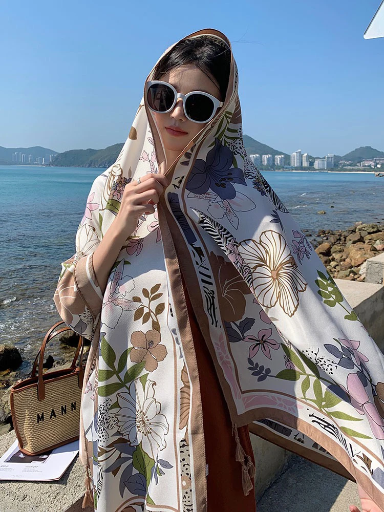 New Summer Fashion Elegant Women Silk Scarf Beach Wrap Shawl Floral Sunscreen Bandana Hijab Mujer Bohemian Musulman Scarve Pareo