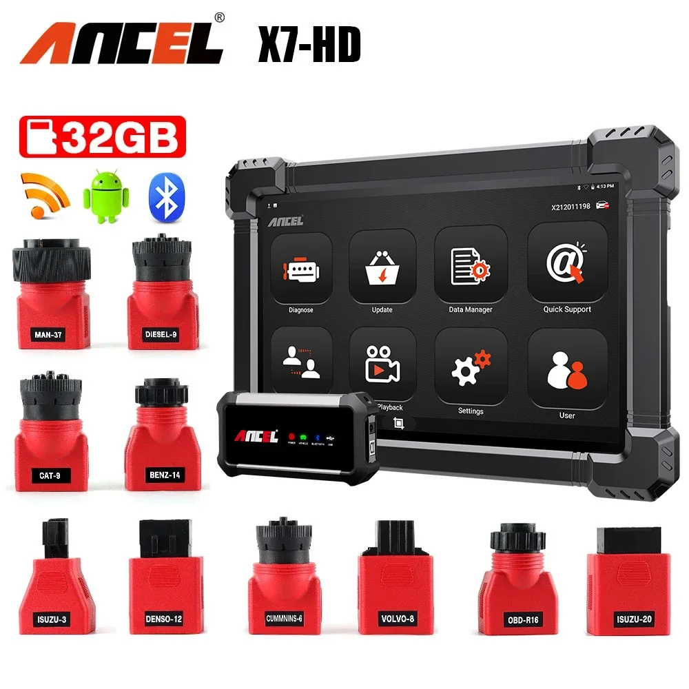 Ancel X7 HD escáner de camiones de alta resistencia 24V sistema completo EPB ABS reinicio de aceite SAS D.PF Regen TPMS ECU OBD2 herramientas de