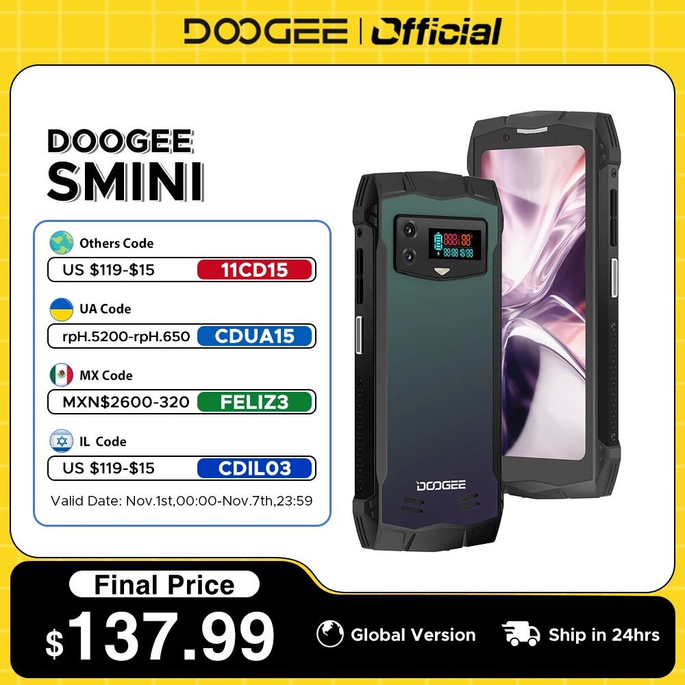 

World Premiere DOOGEE Smini Rugged Phone 4.5” qHD Display 8GB+256GB Innovative Rear Display 3000mAh 18W Fast Charging Phone