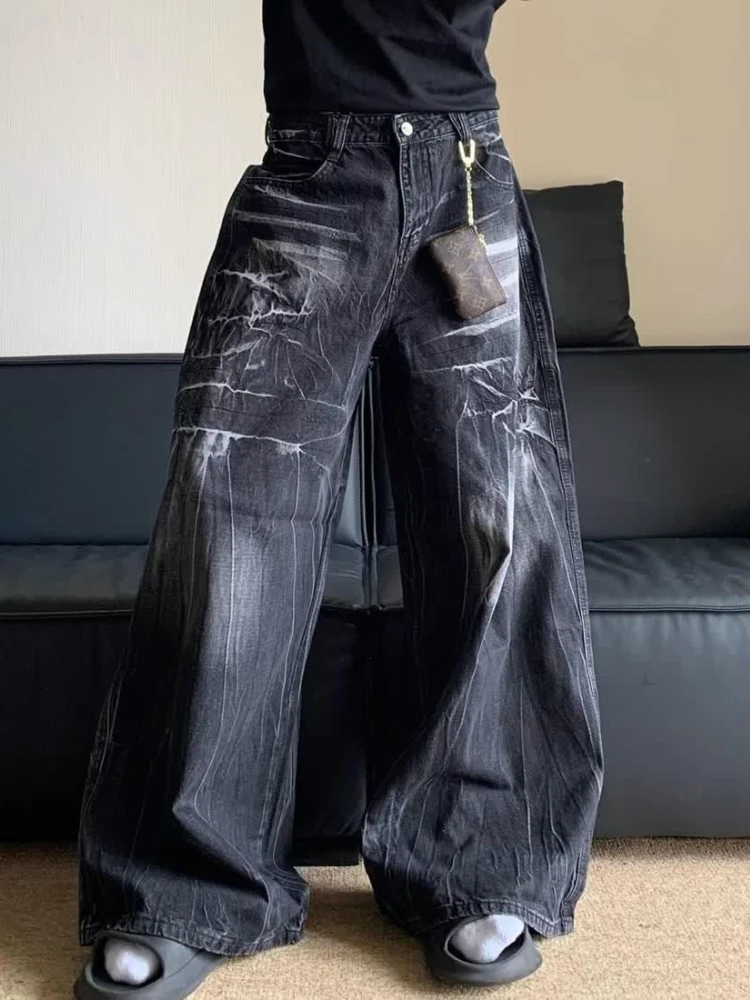 

HOUZHOU Gothic Y2k Vintage Jeans Women Black Grunge Baggy Washed Pants American Retro Punk Wide Leg Denim Trouser Streetwear