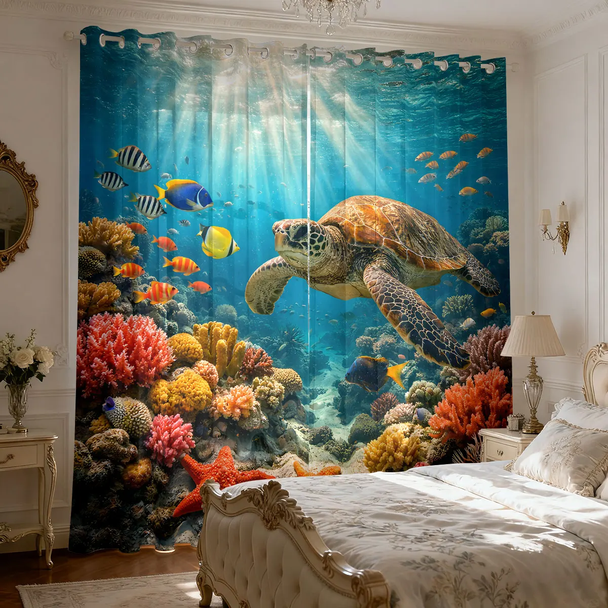 2pcs Turtle Lighthouse Underwater World Printed Curtains 90gsm Bedroom Living Room Decoration Multiple Sizes, Easy To Install