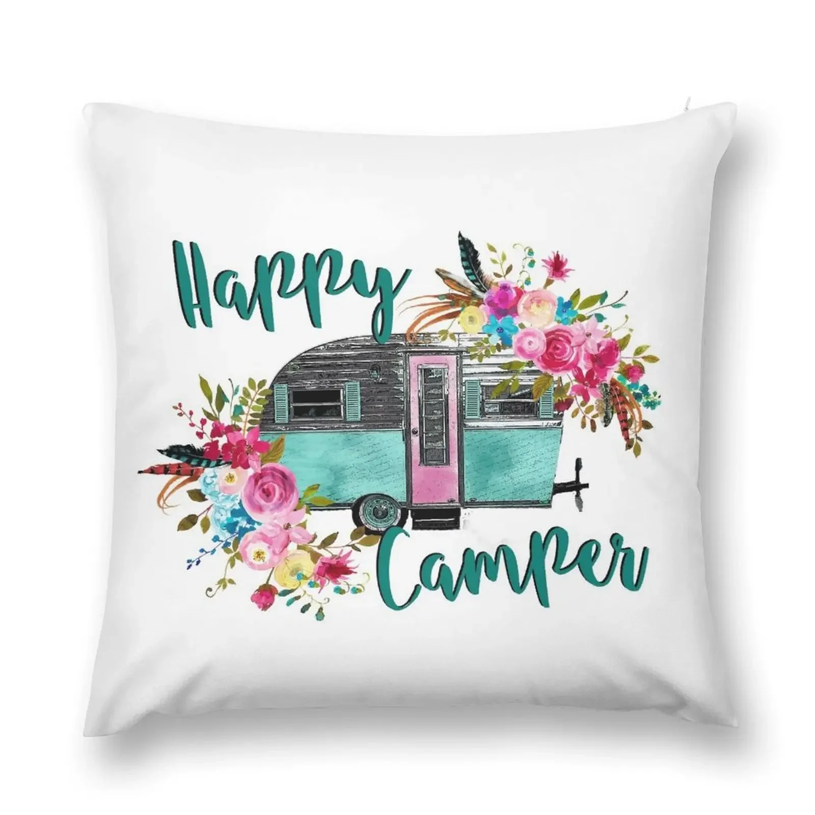 Happy Camper - Vintage RV / Camping Trailer - Gifts for Camping Lovers Throw Pillow autumn decoration pillow