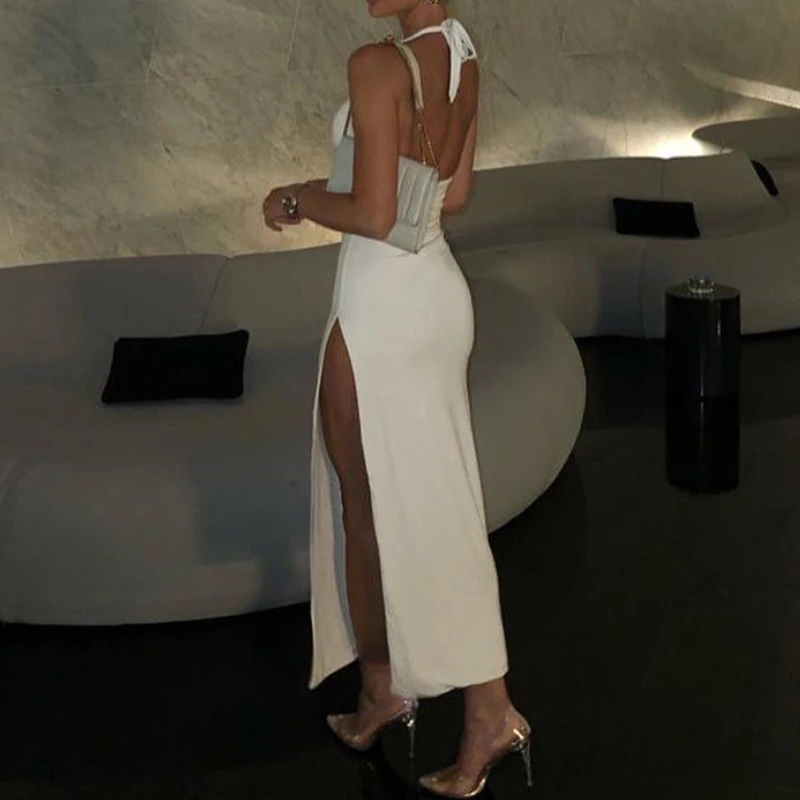 2025, zomer nieuwe dameskleding, modieuze hals, sexy laag uitgesneden backless slanke split Y2k-jurk