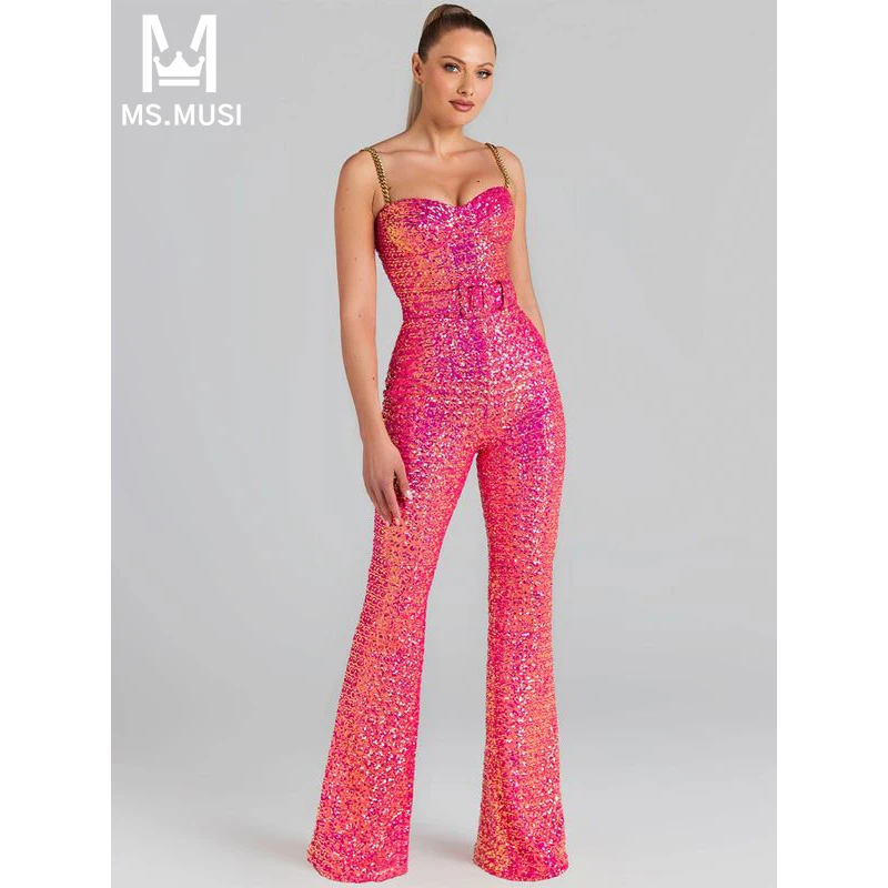 

MSMUSI 2024 New Fashion Women Sexy Strap Sequins Sleeveless Backless Bodycon Party Club Flare Pant Slim Lady Jumpsuit With Belt