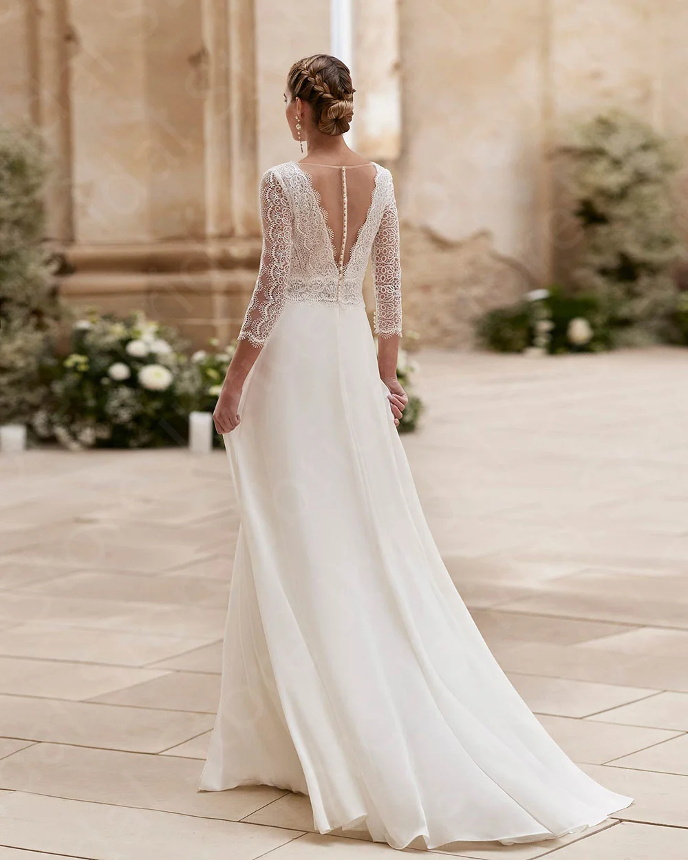 Customized New Unique Wedding Dresses Jumpsuit Bridal Gowns Pants Suite Lace Bride Dresses 3/4 Sleeves Wedding Gowns V Neckline image 2
