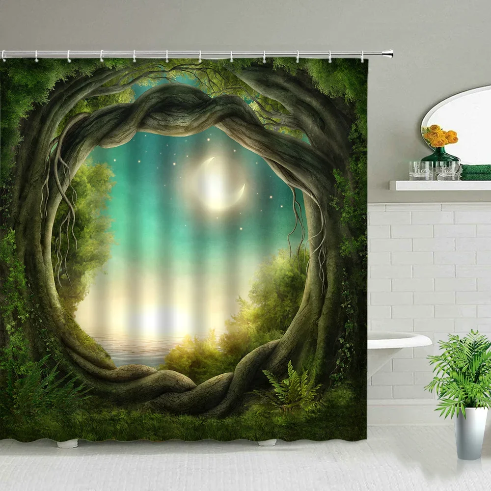 Red Maple Leaf Dream Cabin Elf Glowing Butterfly Shower curtains Fairy Forest Print Bathroom Curtain Background Wall Decor Cloth