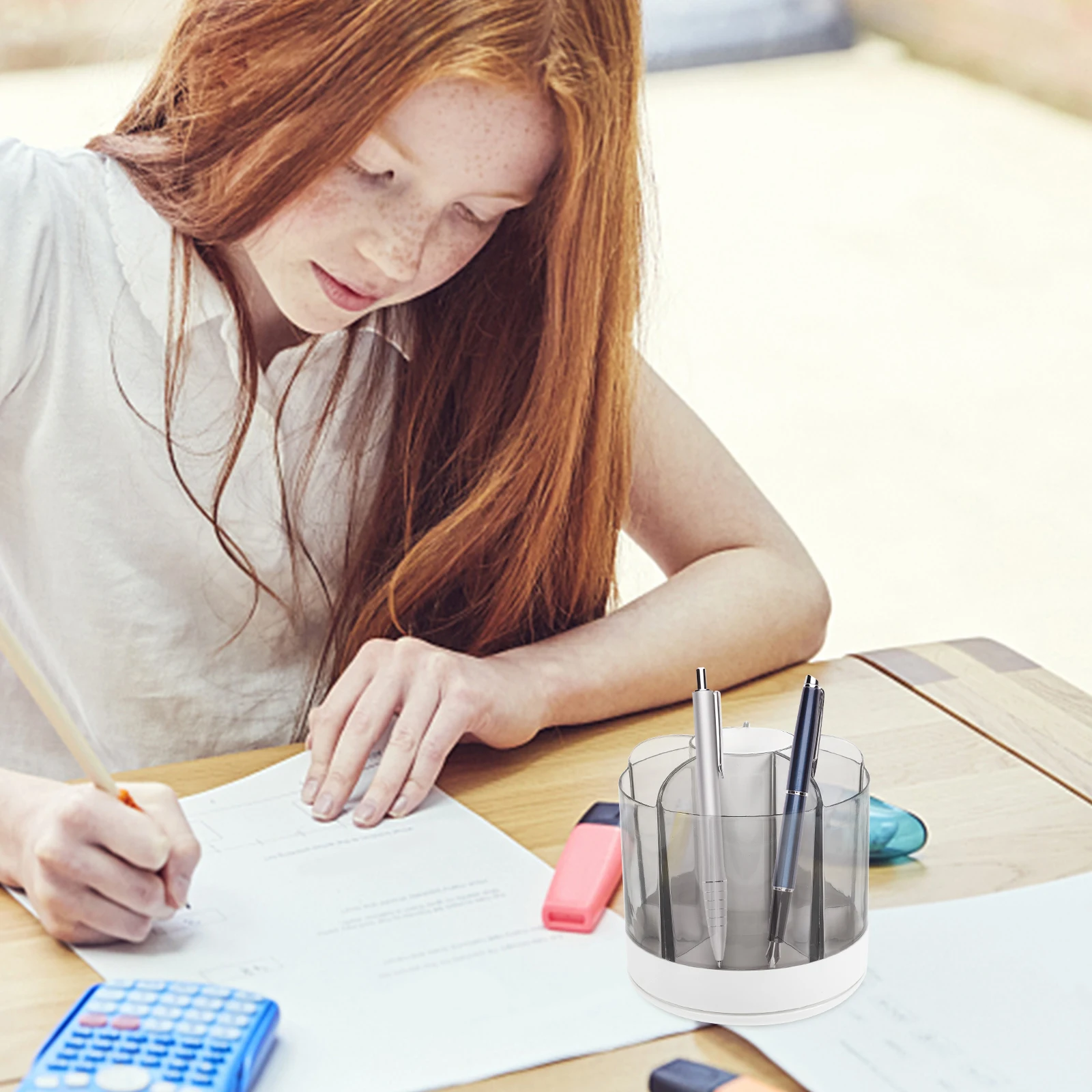 Portalápices giratorio de gran capacidad, organizador de escritorio con rotación de 360 grados, caja de almacenamiento de brochas de maquillaje para oficina, bolígrafo multifunción