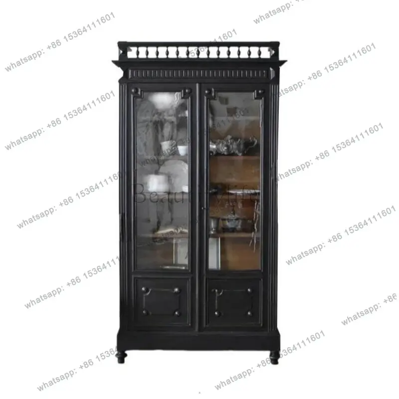 

French retro solid wood wine cabinet carved storage medieval furniture display cabinet