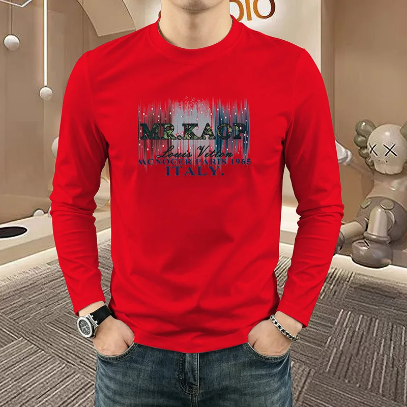 Men Crew Neck Long Sleeve T Shirt Autumn Light Luxury Rhinestone Print Soft  All Match Inner Wear Fashion Casual Male Base Tops