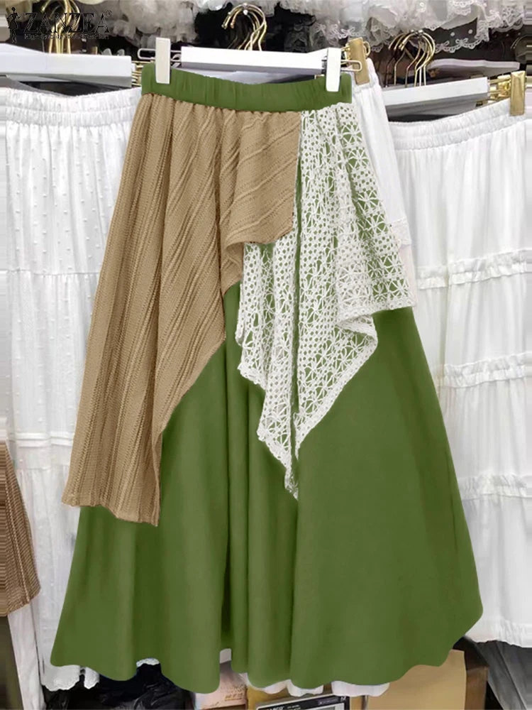 

ZANZEA Bohemian Long Maxi Skirts Women Lace Patchwork Vintage Skirts 2025 Summer High Waist Ruffled Holiday Casual Overskirts