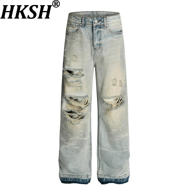 

HKSH Spring Summer Men Heavy Industry Jeans Streetwear Fashion Vintage Distressed Washed Frayed Hem Straight Casual Pants HK6487