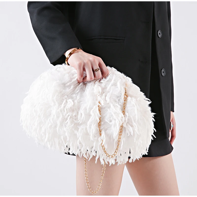 Lockige, flauschige Kunstfeder-Plüsch-Umhängetasche mit Kette, Damen-Clutch mit Falten-Design für Partys und Abendveranstaltungen, Herbst/Winter – Detail 18