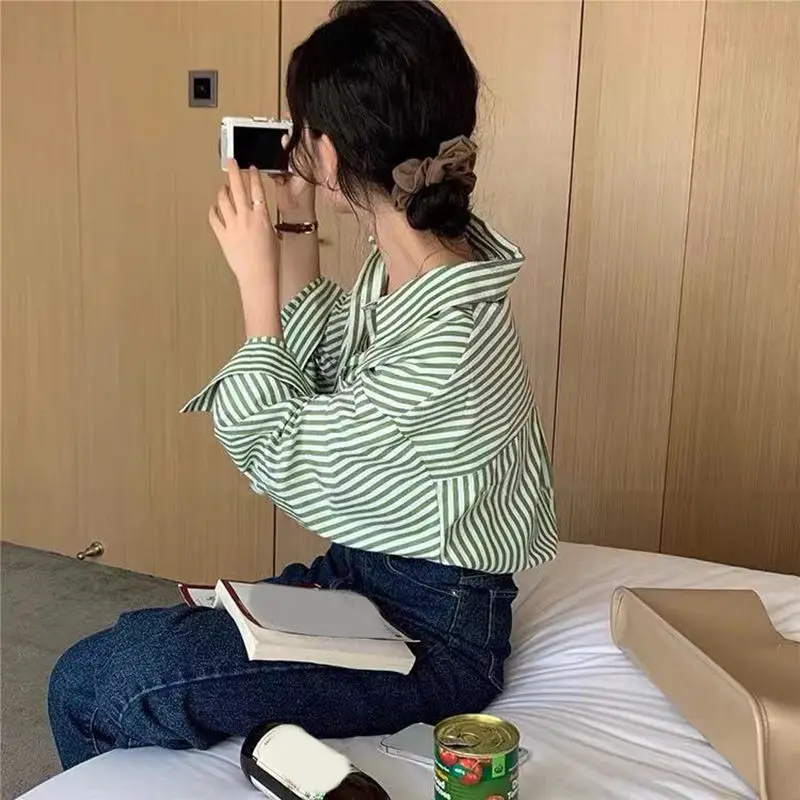 Summer Women Clothing Casual Korean Fashion Loose Office Lady Simplicity Elegant Trend Buttons Printing Striped Long Sleeve Polo