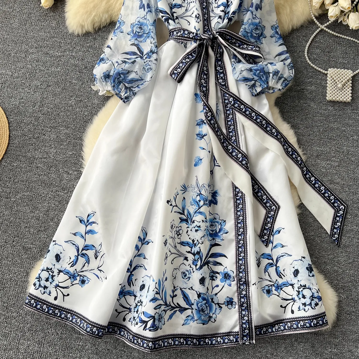 Alta qualità nuova moda Vintage splendido fiore vacanza lungo donna scollo a V Lace Up Bow Boho Casual Party Summer Spring Dresses