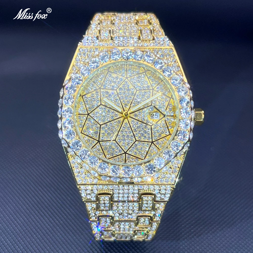 Наручные часы MISSFOX Luxury Gold Iced Out для мужчин, полностью инкрустированные стразами, с восьмиугольным циферблатом, датой, корпусом из сплава, в стиле хип-хоп, кварцевые, Reloj Hombre