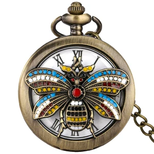 Hollow Insect Epoxy Bee Pocket Watch Vintage Quartz Roman Numeral Bee Dial Necklace Clock Personalized Gifts for Ladies relógio