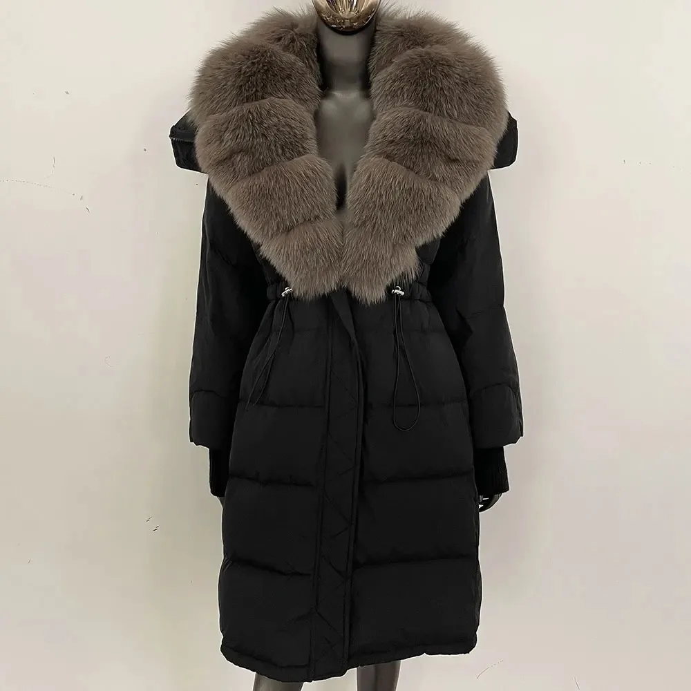 화이트 덕 다운 재킷 리얼 폭스 퍼 코트 겨울 여성용 롱 내추럴 라쿤 퍼 패딩 재킷 여성용 따뜻한 퍼 다운 코트