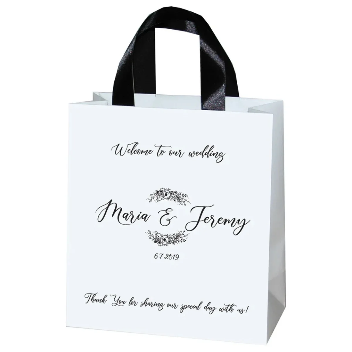

Wedding Welcome Bags with satin ribbon handles and names, Elegant Destination wedding favor for your guests, Wedding Thank You