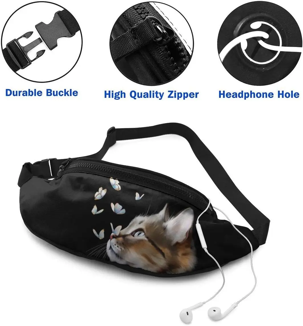 Sac de taille interconnexion pour femme, animal, chat, papillon, sauna, trou pour téléphone, sac de ceinture, poche à bandoulière réglable, mode, sac banane pour la hanche