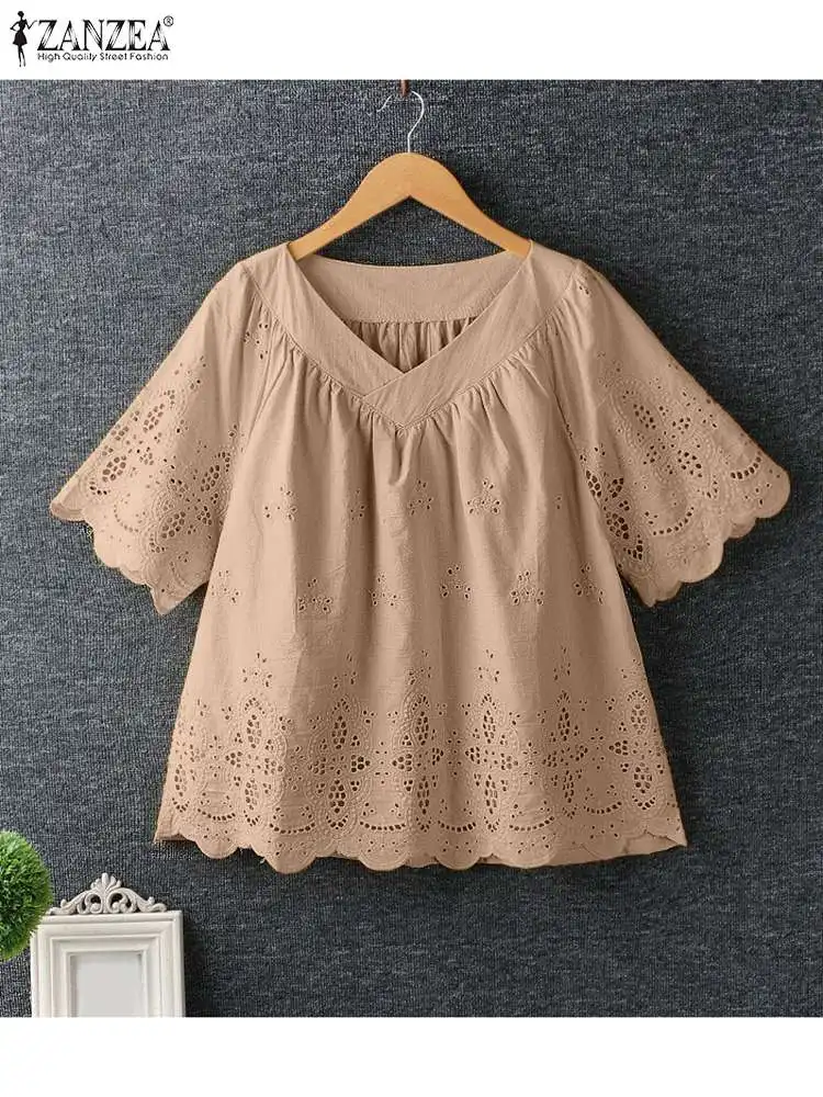 

ZANZEA Summer Blouse Women Fashion Lace Crochet Shirt Casual Loose Embroidery Tops Tunic Solid V Neck Half Sleeve Work Blusas