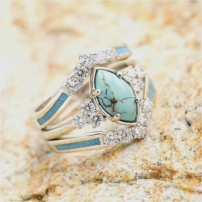 3 Stück/Set Vintage Exquisite synthetische türkisfarbene, versilberte Ringe für Damen, modisch, klassisch, für Bankette, Festivals, Schmuck, Geschenke