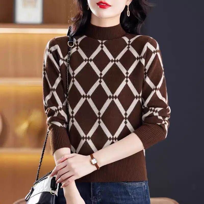 الملابس النسائية الخريف الشتاء الجولة الرقبة التباين اللون البلوز كم طويل منقوشة houndstooth أنيقة سترة محبوك القمم