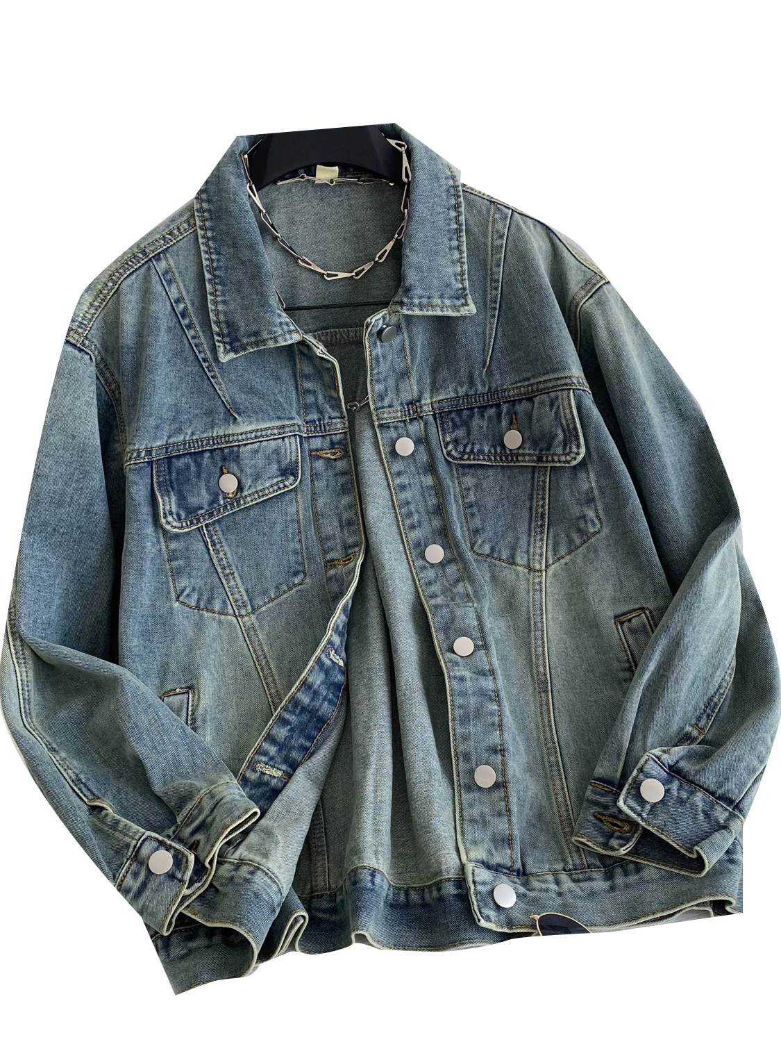 

Retro Hong Kong Sle Casual Loose Long Sve Denim Jaet Women's Autumn Lazy Faion Single Button Stand Collar Top