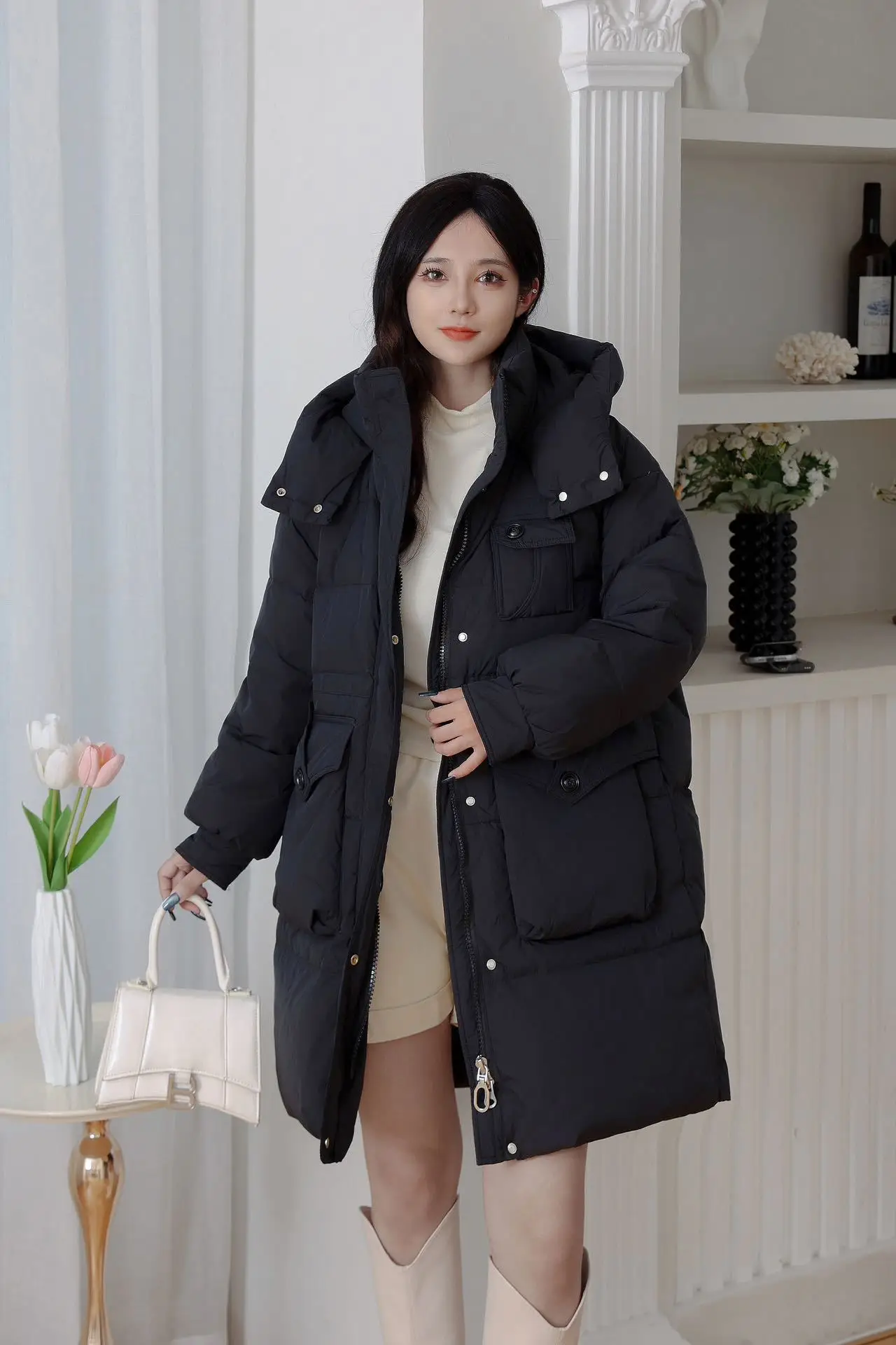 الشتاء مقنعين الدافئة منتصف طول أسفل سترة الإناث سستة رشاقته سترة فضفاضة المرأة الأبيض بطة أسفل متعدد جيب باركر أبلى