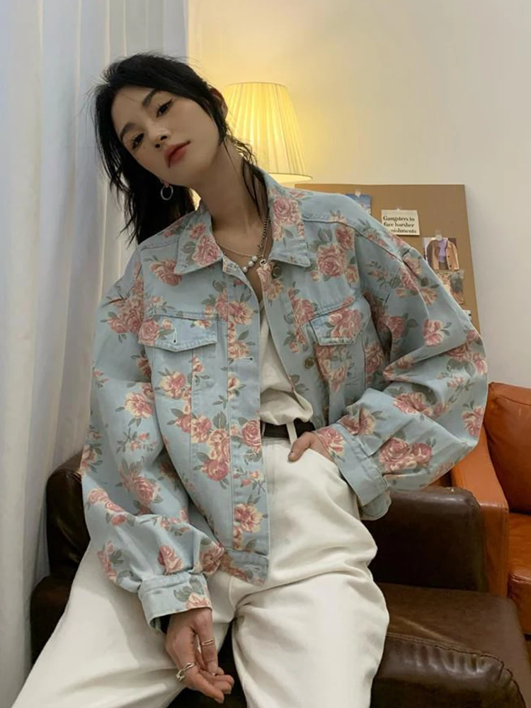 Jmprs Vintage Rose Floral Denim Jackets Women Korean Loose Elegant Short Coat Sweet Long Sleeve Casual Lady Retro Harajuku Tops