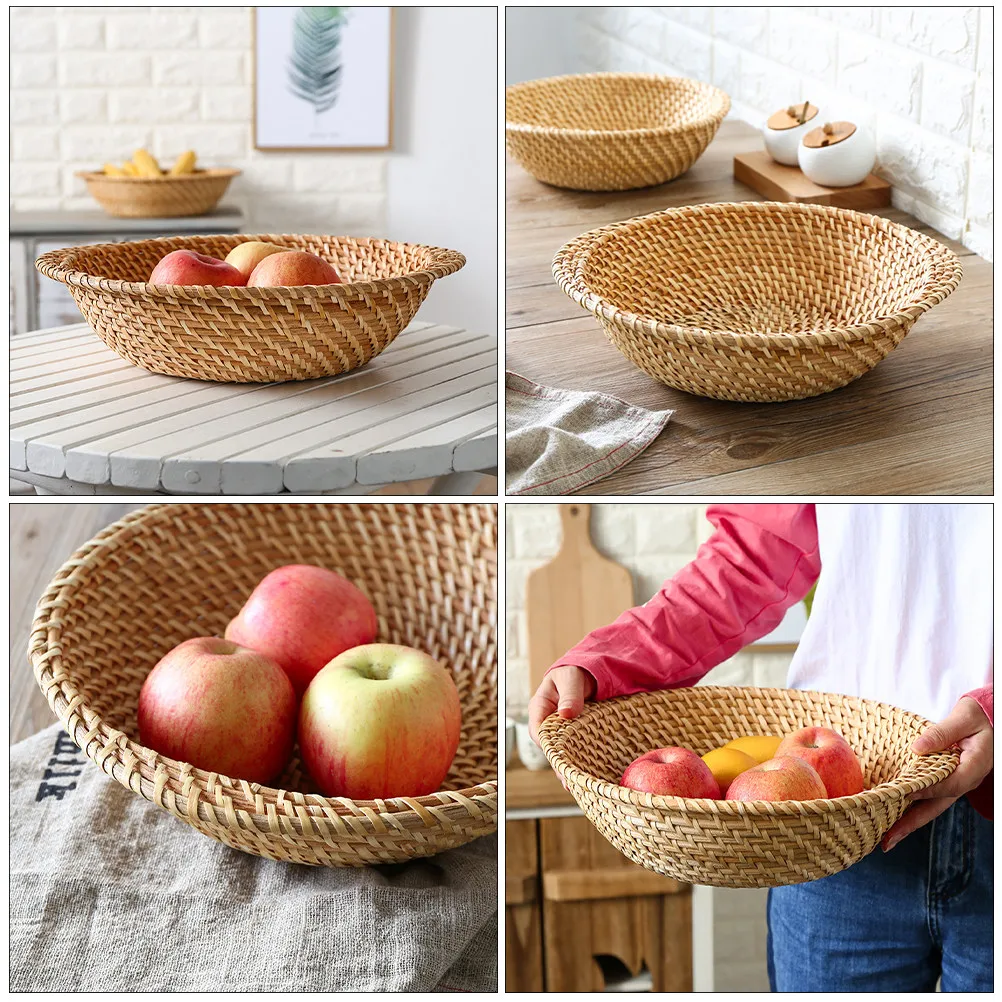 

1Pcs Rattan Basket Natural Material Bread Basket Food Serving Tray Kitchen Organizer Fruit Storage Bin Home Decor Dining Table