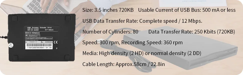 Diskettenlaufwerk-Lesegerät, Externes USB-Diskettenlaufwerk-Lesegerät, 3,5 Zoll 1,44 MB FDD Diskettenlaufwerk für PC Laptop Windows 11/10/8/7/XP – Detail 3
