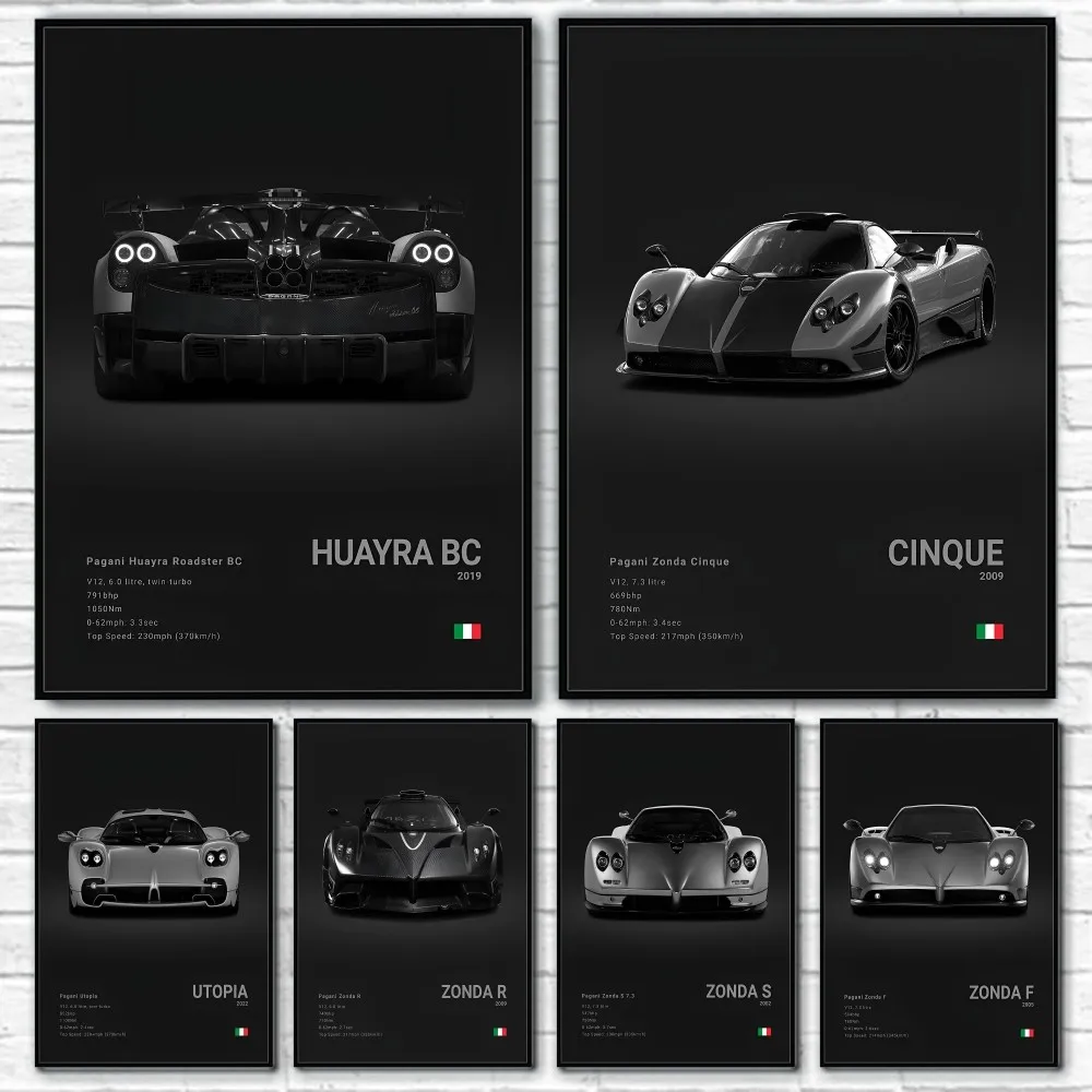 Luxury P-Pagani Supercar Black HUAYRA BC Poster Sticky Wall Art Printing Waterproof Home Living Bed Room Bar Aesthetic Decor