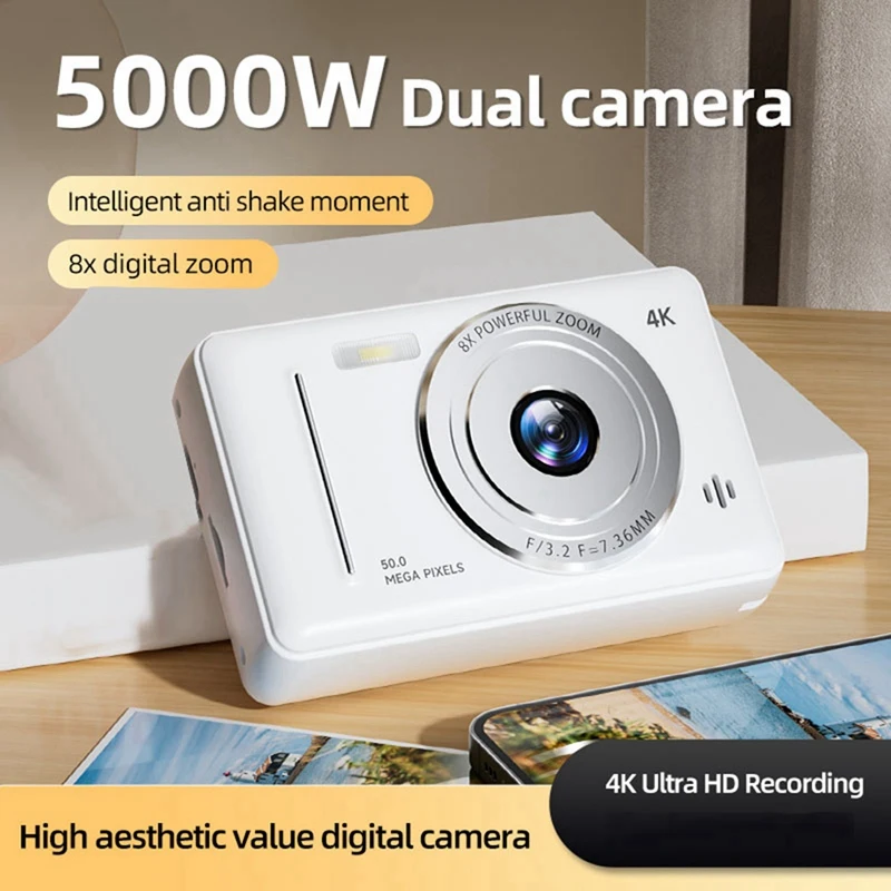 Цифровая камера 4K, портативная ретро-камера CCD, камера начального уровня, двойная камера со вспышкой, 50-ллионная камера с автофокусом, белая