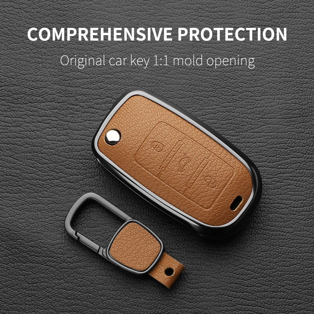 3 Button Aluminum Alloy Goatskin Car Key Case Cove For VW Volkswagen Beetle Caddy Eos Golf Jetta Polo Scirocco Tiguan Touran UP