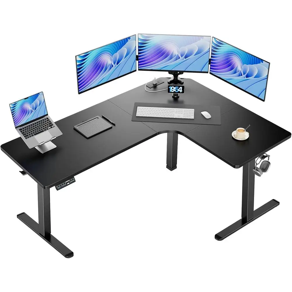 Electric Height-Adjustable L-Shaped Desk with Built-in Outlets and Power Strip Holder, 3 Preset Heights, Black