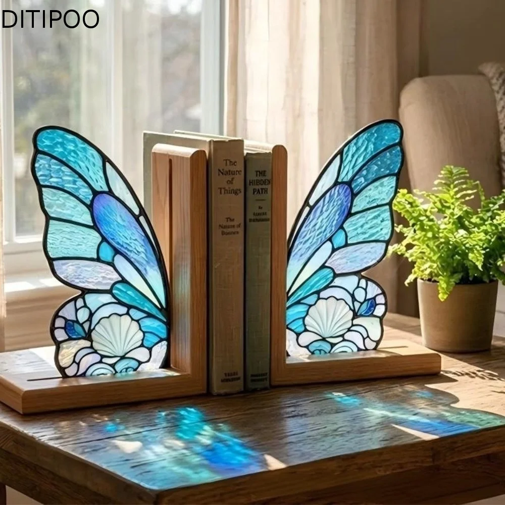 Colorful Butterfly Wings Bookend Set Decorative Acrylic Book Support with Bases Desktop Organizer Book Stand For Bookshelf
