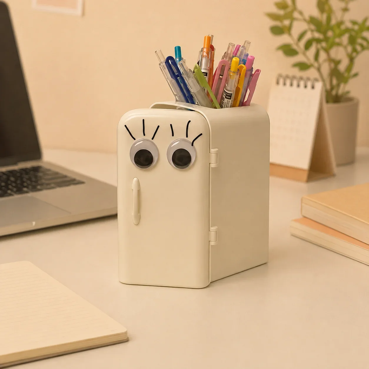 Cute Cartoon Refrigerator-Shaped Desktop Pen Holder Multi-Functional Stationery Storage Box with Drawer for Office School Desk
